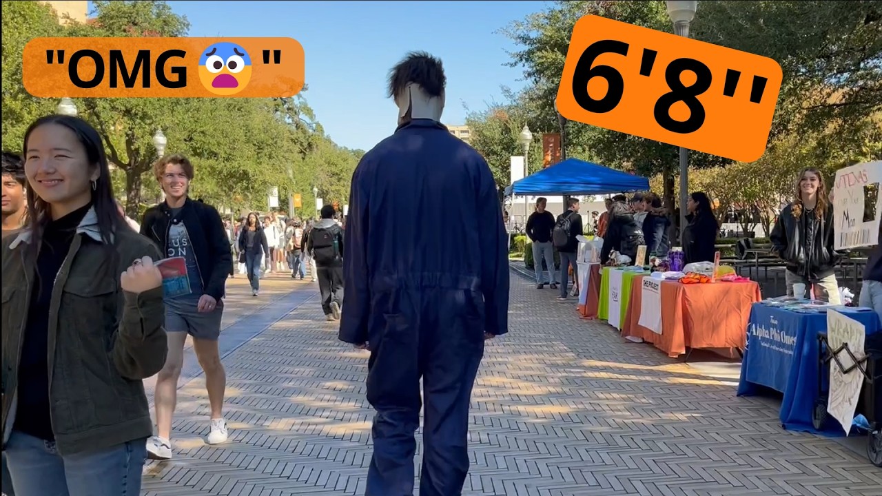 People's Reactions to 6'8 Michael Myers Walking Through College Campus 😲
