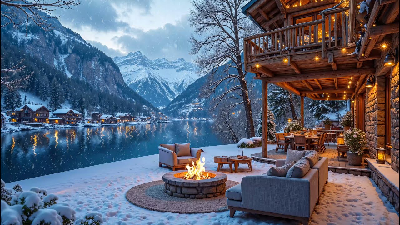 Peaceful Winter Lakeside Cabin and Fireplace Ambience ❄️🔥 Soft Piano Music for Relaxation, Study