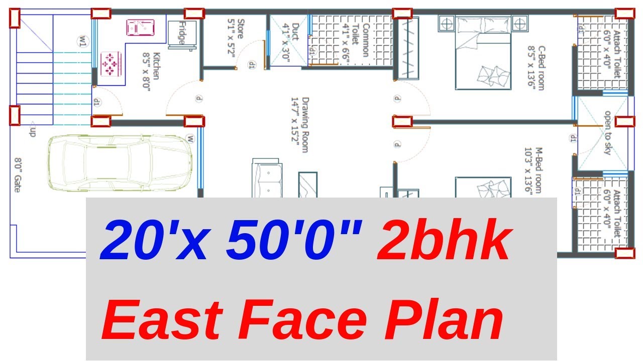 20' x 50' East Face ( 2 BHK ) House Plan Explain In Hindi