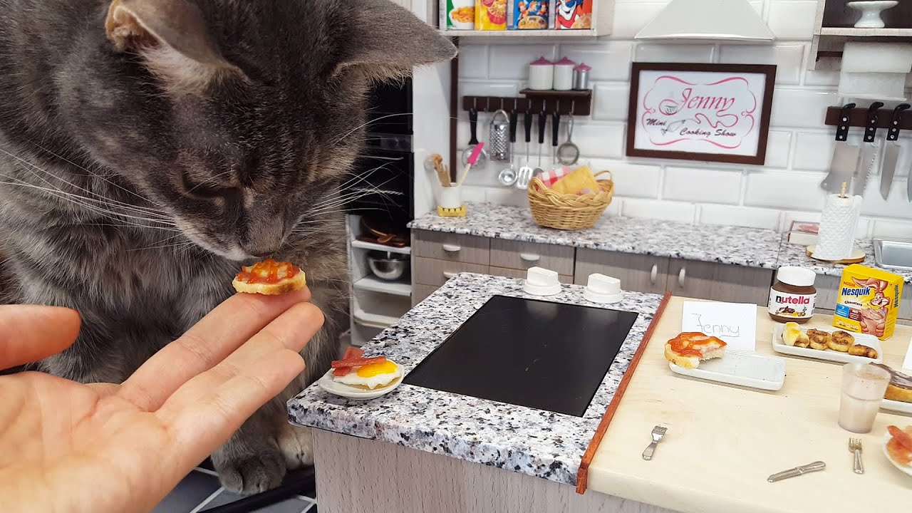 Real mini cooking with my cat :) / mini fried eggs with bacon / NUTELLA/ ASMR / mini food