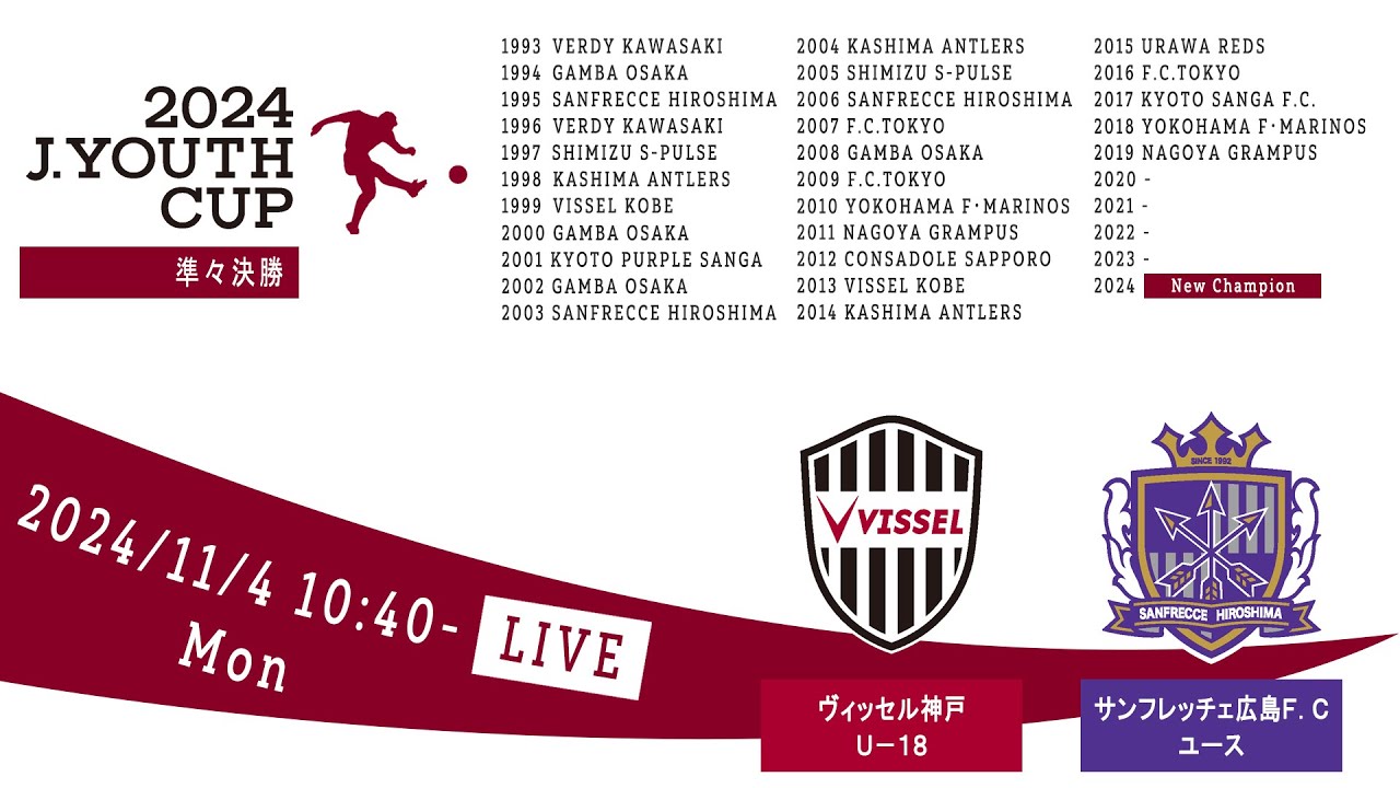 【Live配信】２０２４Ｊユースカップ　第30回Ｊリーグユース選手権大会　準々決勝　ヴィッセル神戸Ｕ－１８ vs サンフレッチェ広島Ｆ．Ｃユース