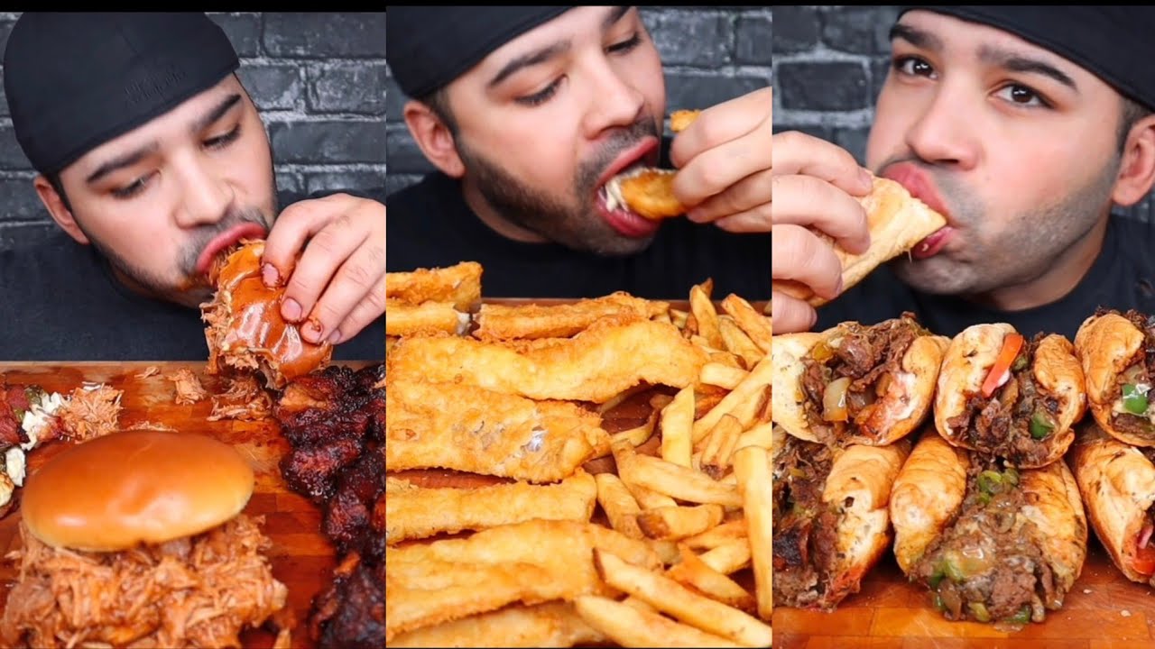 (ASMR NO TALKING) PULLED PORK SANDWICHES, FISH & CHIPS, AND PHILLY CHEESESTEAKS MUKBANG