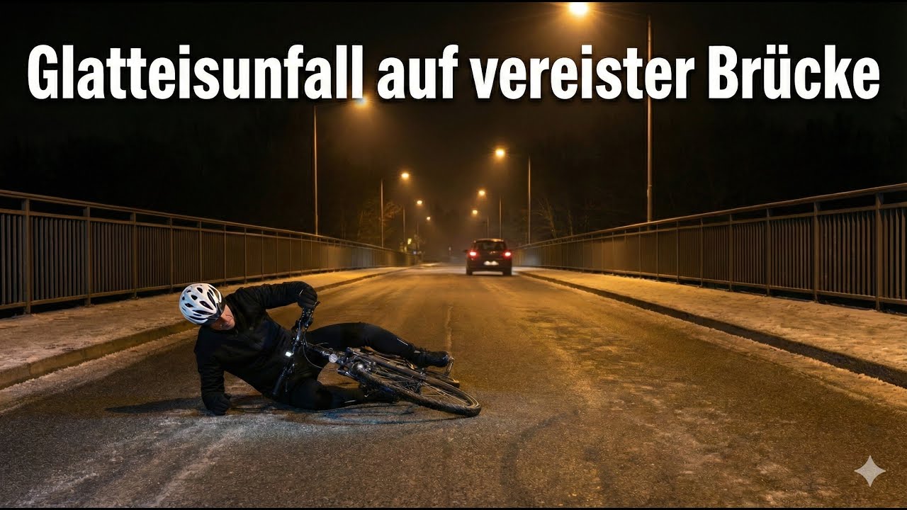 Fahrrad Glatteisunfall auf Spiegelglatter Br&uuml;cke