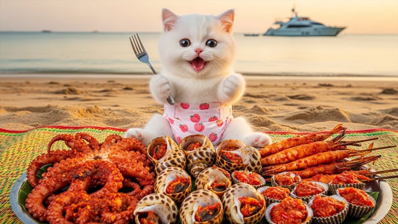 The Father and Son Cats&rsquo; Haul After a Day of Catching Seafood on the Beach | AI CAT COOKING