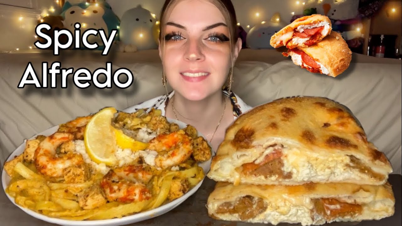 SPICY CAJUN 'CHICK'N' AND 'SHRIMP' ALFREDO AND CHEESY CALZONE MUKBANG! (Vegan) (No Talking)