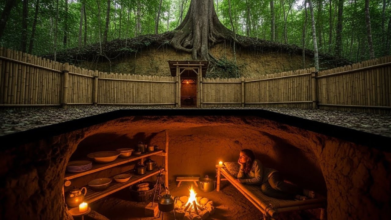 Build a Hidden Shelter Inside a Mound of Earth with a Giant Tree  Warm and Safe Shelter. Survival