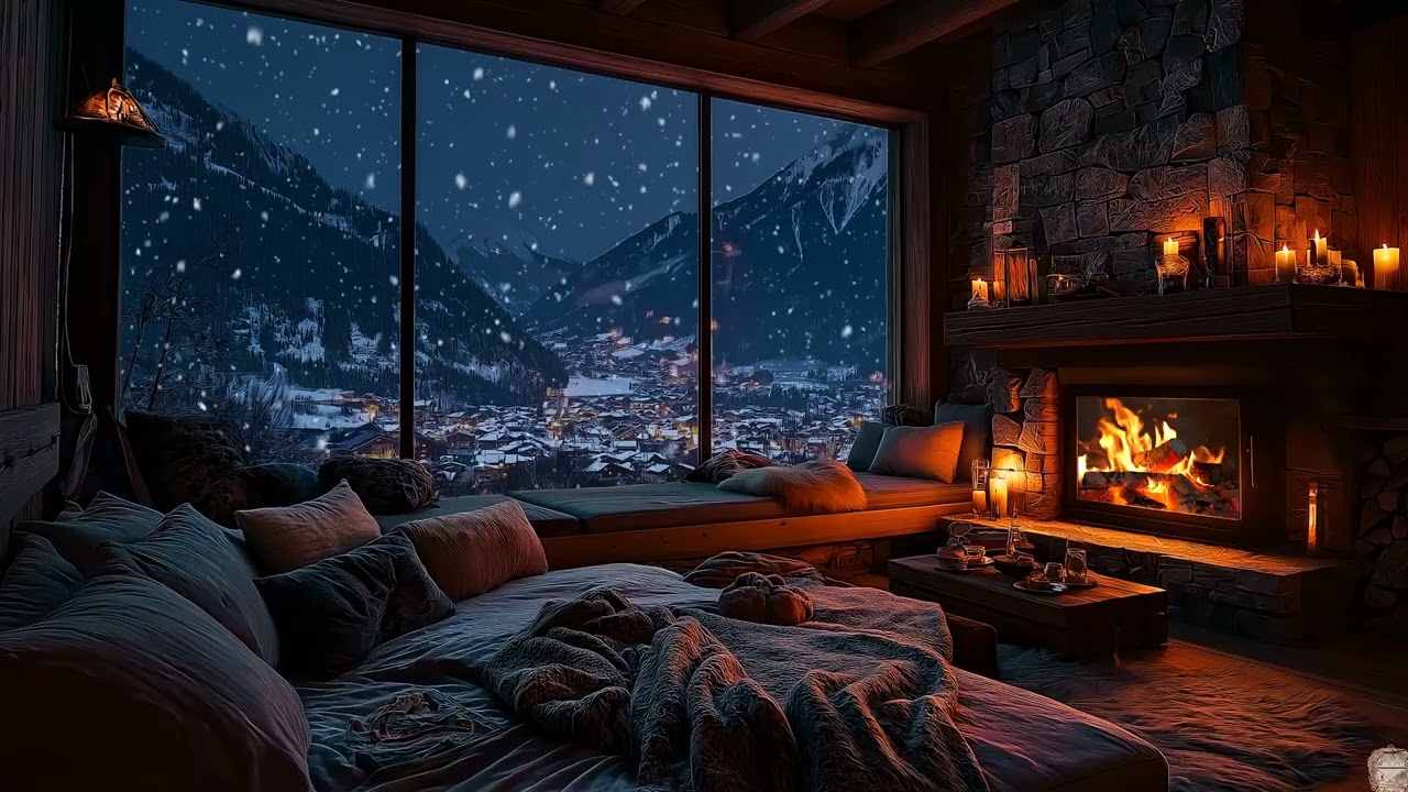 (No Ads) Winter Wind and Fireplace Sounds in a Silent Night | Sleep Ambience