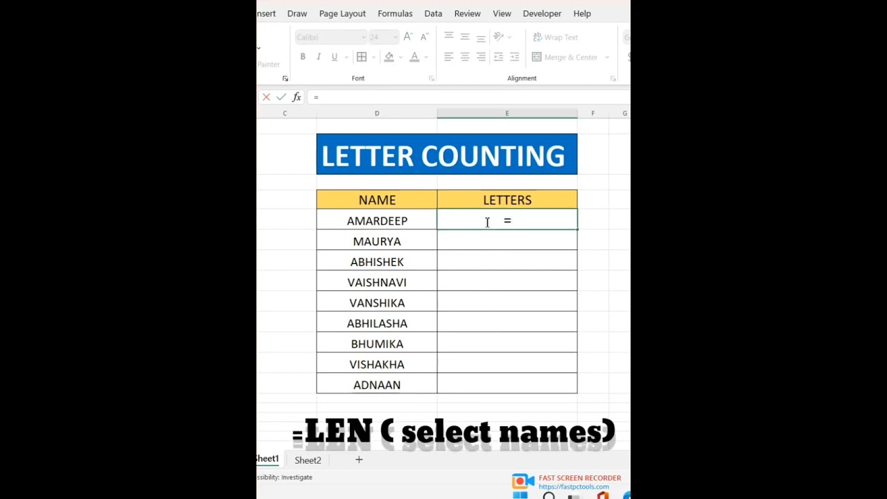 How to count alphabets in a letter in excel.