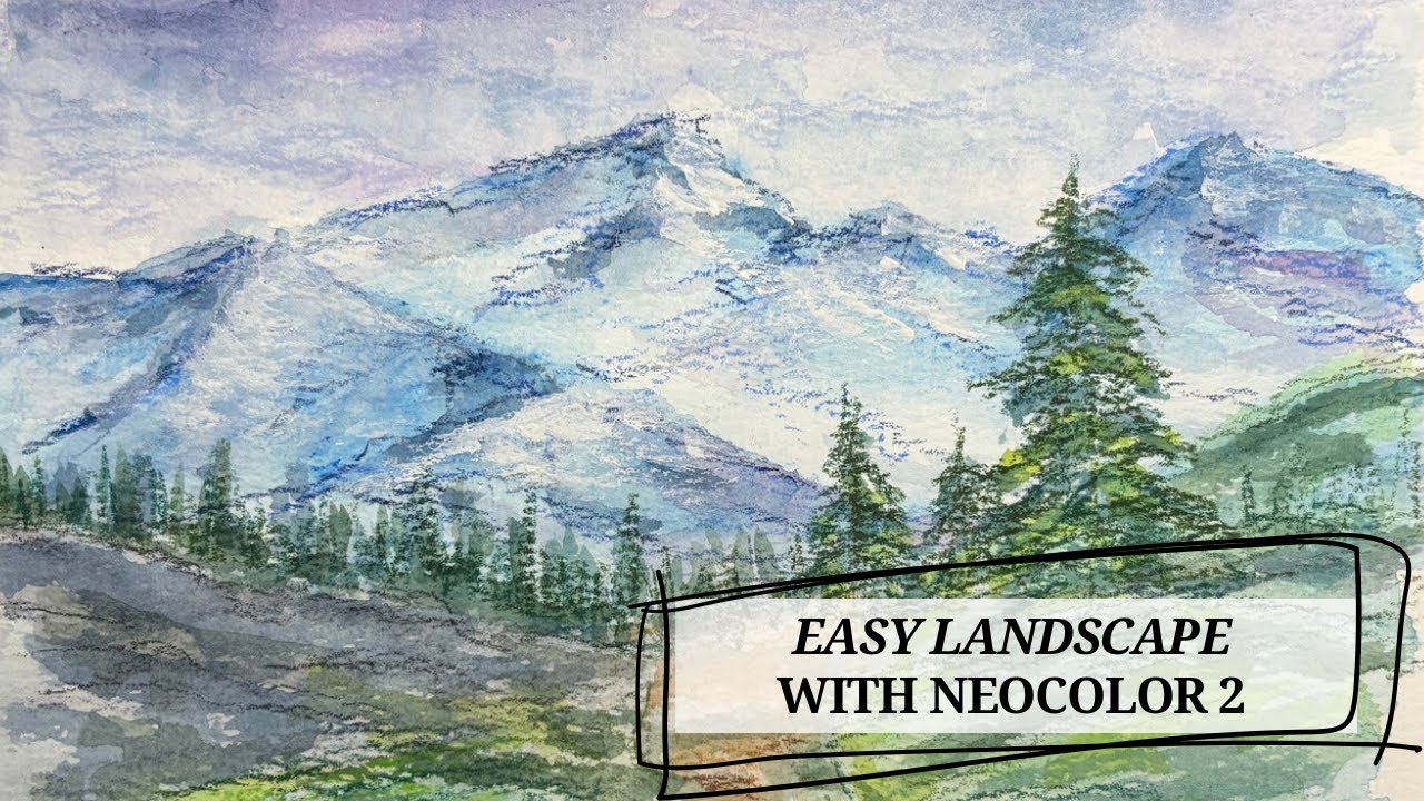Caran D’Ache Neocolor II Bob Ross Inspired Landscape with Watercolor Crayons