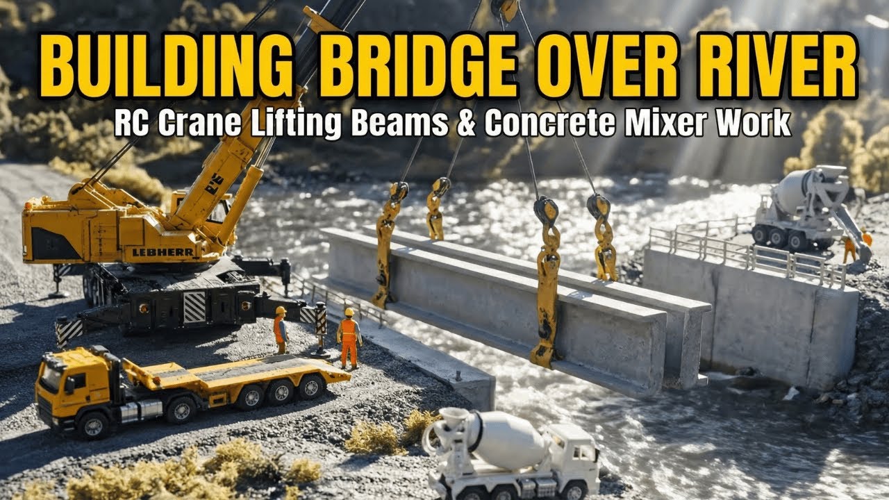 Amazing Tiny RC Mobile Crane Building Bridge! Lifting Beams & Concrete Work