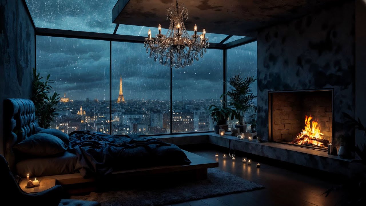 No Ads | Cozy Paris Apartment in the Rain🌧️Relaxing Fireplace & City Rain Sounds for Sleeping