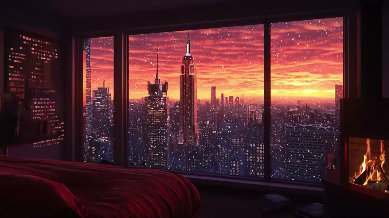 Winter Sunset Over New York City with Snowfall Ambience and Crackling Fireplace