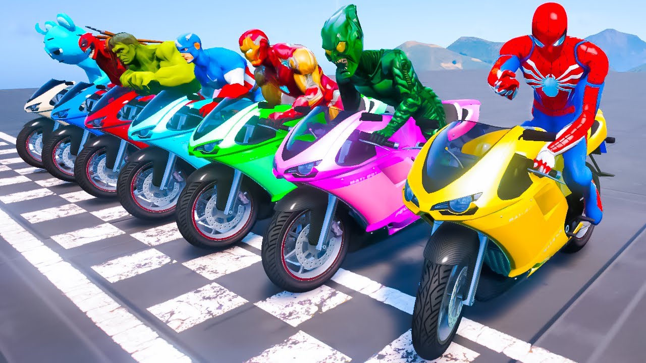 SPIDERMAN Takes on SUPERHEROES in EPIC Water Motorcycles Parkour Challenge on Beach Ramp