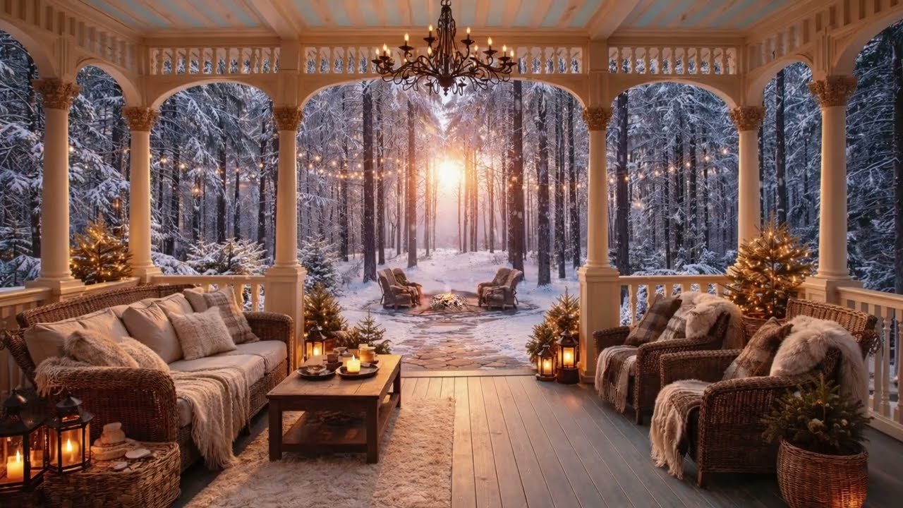 Cozy Winter Porch Ambiance | Crackling Fire Pit, Snowy Forest Sunset, Relaxing Outdoor Escape