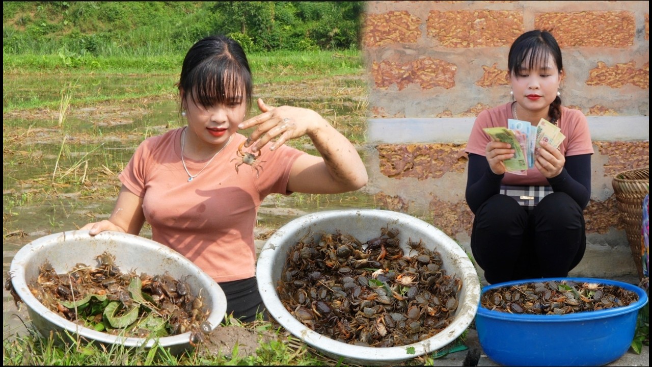Girl digs for crabs, catches frogs and snails and sells agricultural products. Vietnamese rural girl
