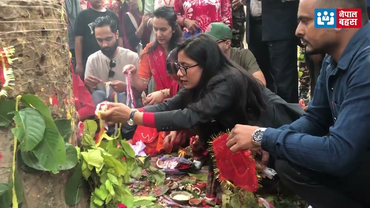 Law Minister Sobita Gautam offers prayers at the famous 'Bikram Baba' temple in Chitwan