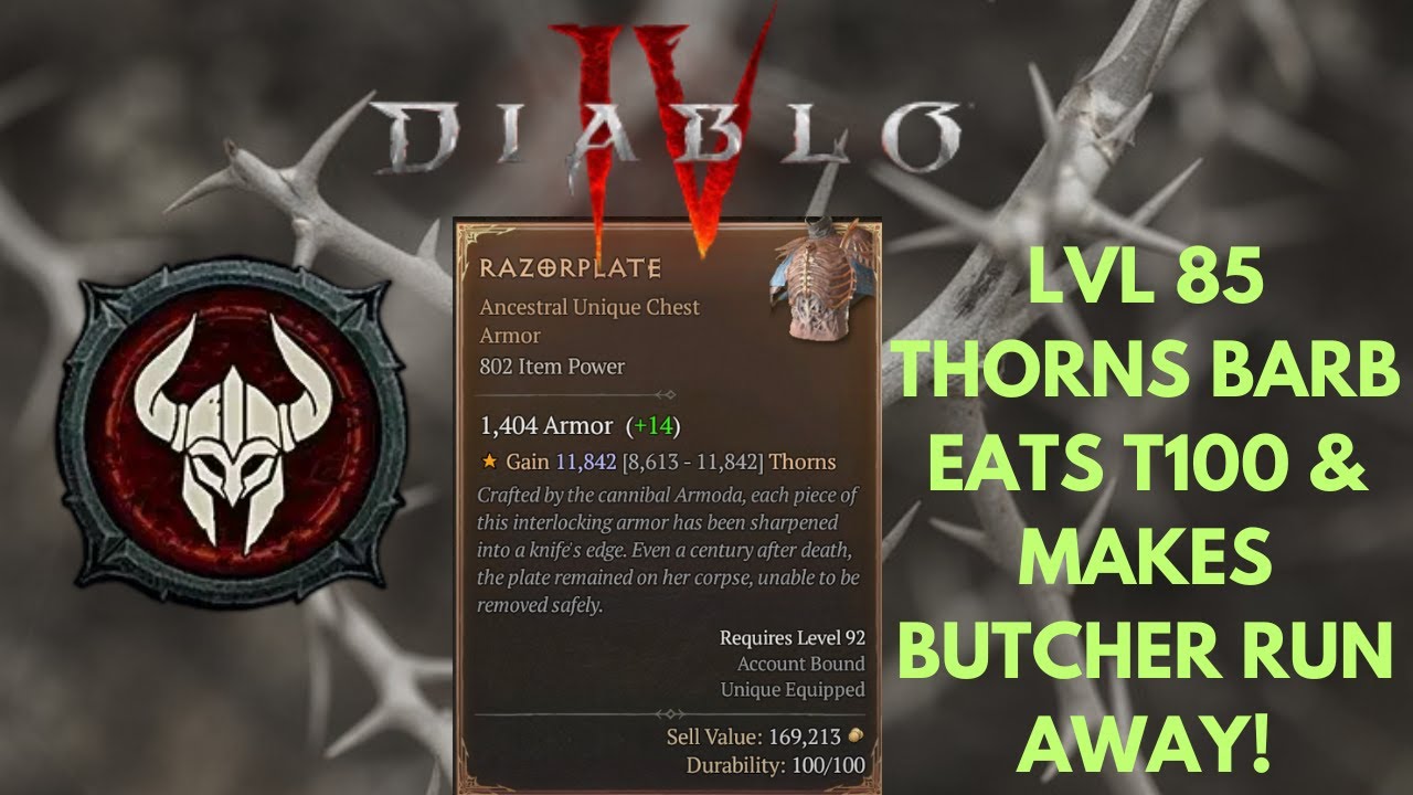 Diablo 4 Thorns Barbarian lvl 85 T100 MAKES BUTCHER RUN AWAY!