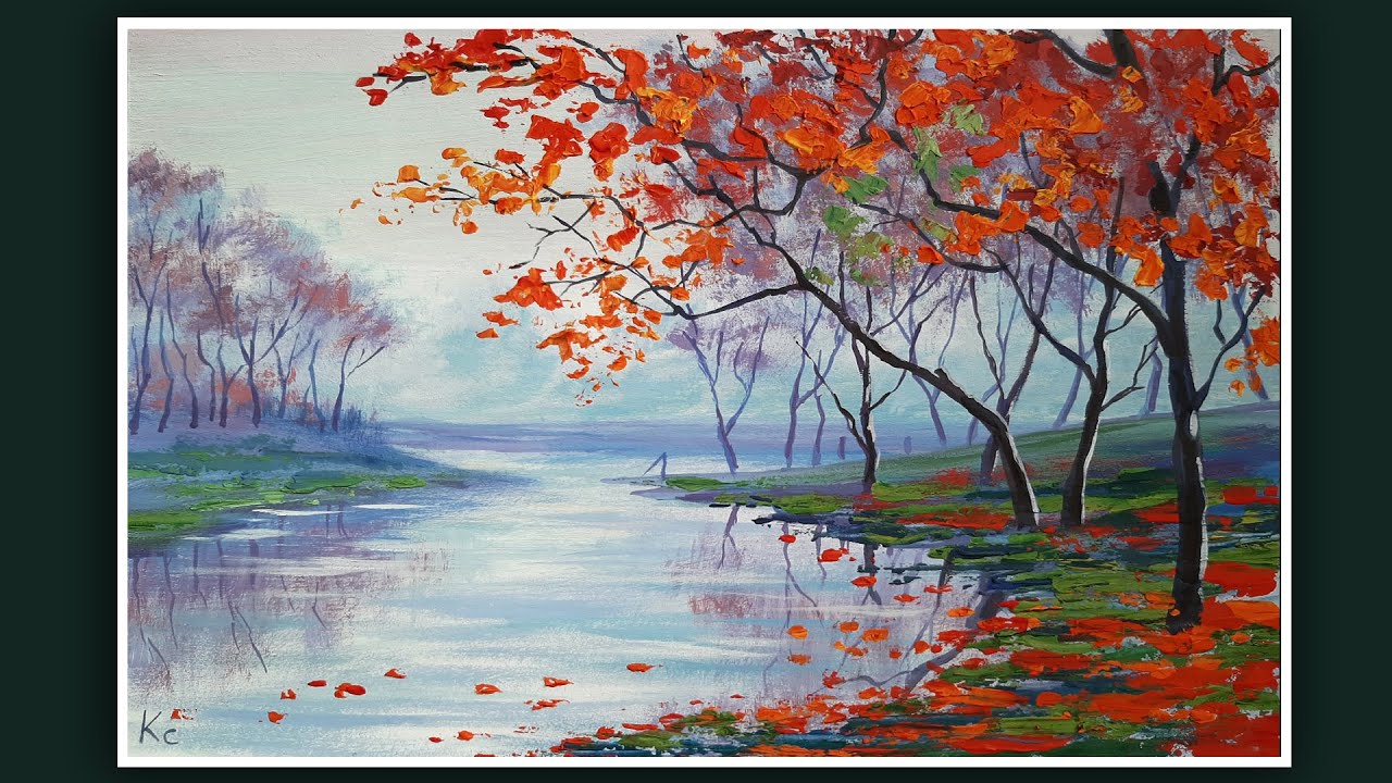 РИСУЕМ ОСЕНЬ ГУАШЬЮ ПОЭТАПНО!🎨КАК НАРИСОВАТЬ ОСЕННИЙ ПЕЙЗАЖ ГУАШЬЮ КИСТЬЮ И МАСТИХИНОМ.