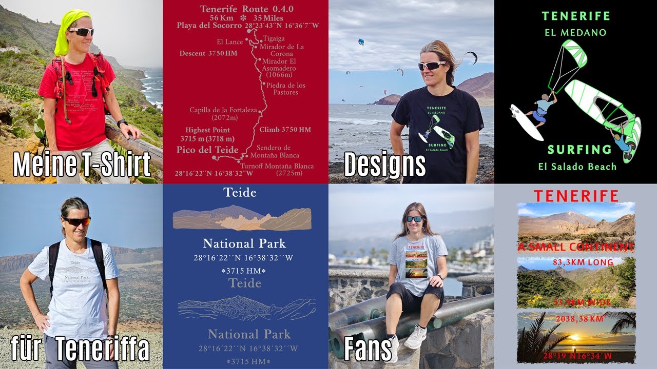 Tenerife, Sports activities, Hiking Trails, Windsurfing, Animals, T-Shirt Design, Souvenirs