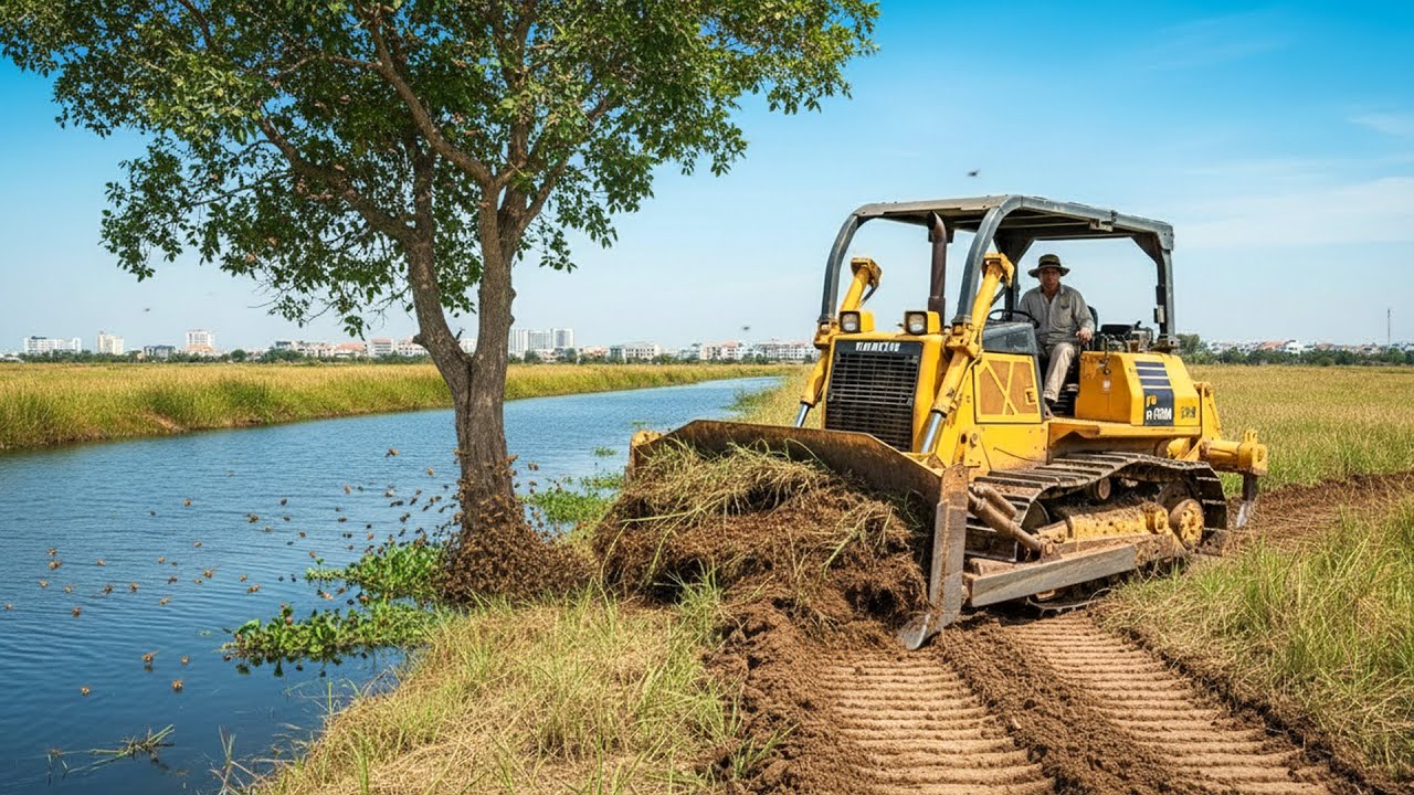 Bulldozer Clearing Canal Side Land | Bulldozer at Work Precision Land Clearing Along the Waterway