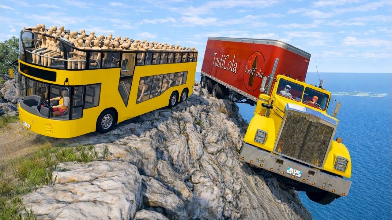 Deadly Full Loaded School Bus & Tasty Cola Truck on Dangerous Cliff Roads | BeamNG.drive #125