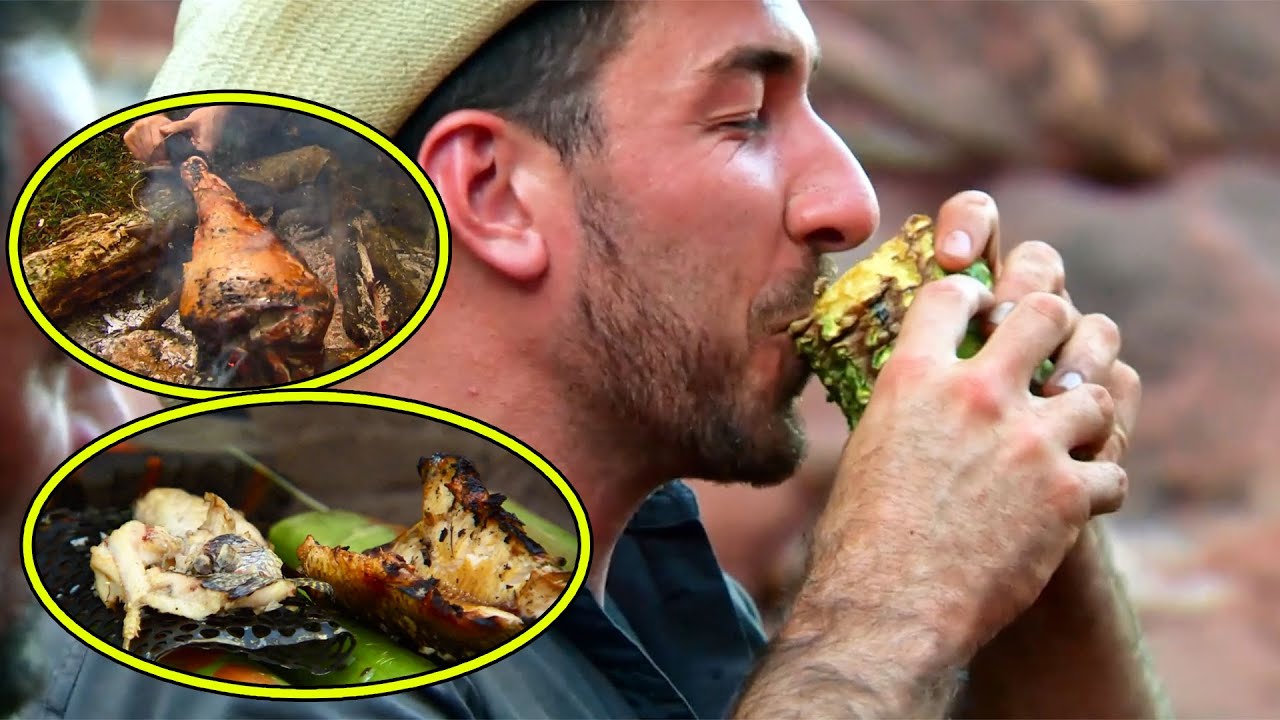 A Man Catches A Wild Boar Barehanded And Savors A Delicious Roast Whole Pig At Night.