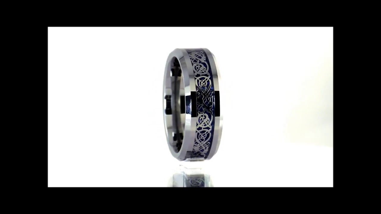 Nordic Viking Celtic Knot Tungsten Dragon Ring w/Blue Carbon Fiber by Fantasy Forge Jewelry