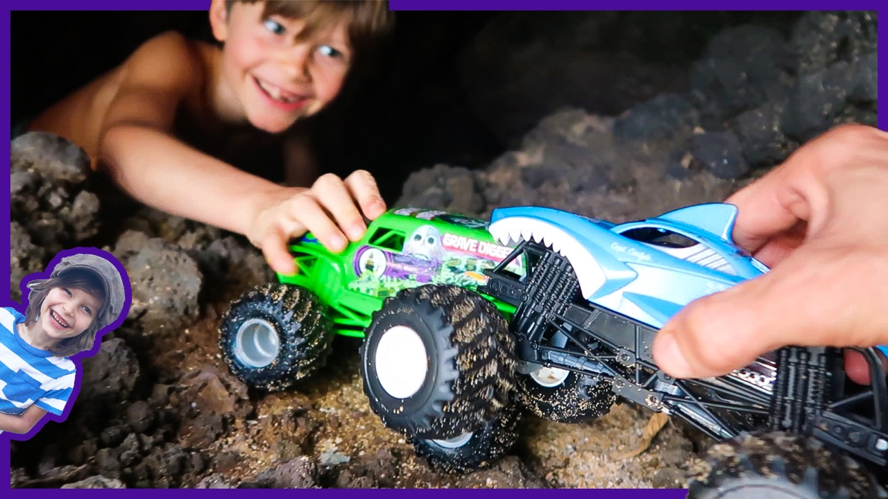 Monster Trucks Explore Lava Rock Cave!