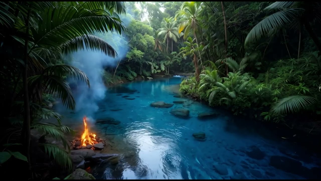 Tropical River Sounds - Relaxing Jungle Video with Camp Fire