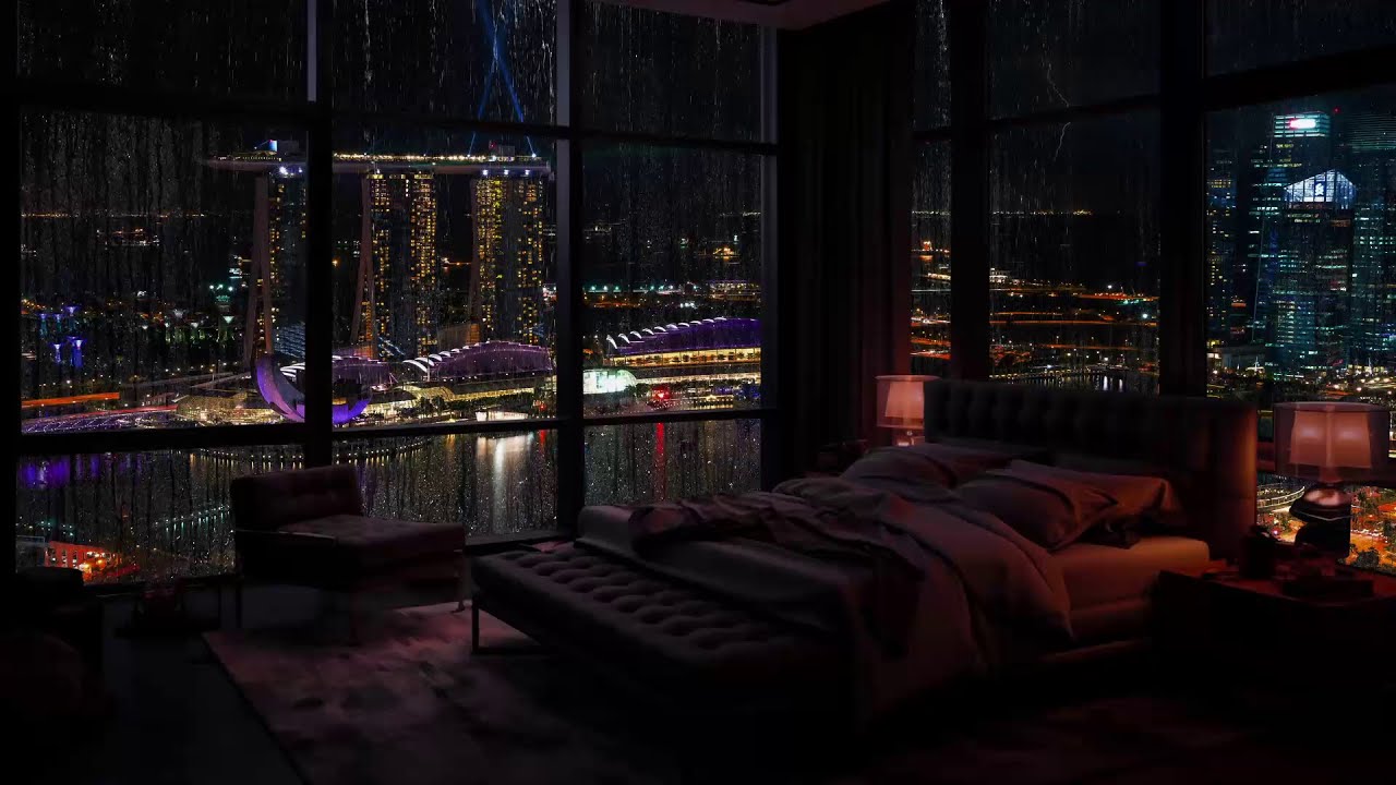 Night Rain Sounds & Thunder Sounds In Singapore City | Warm Rain 24 Hours