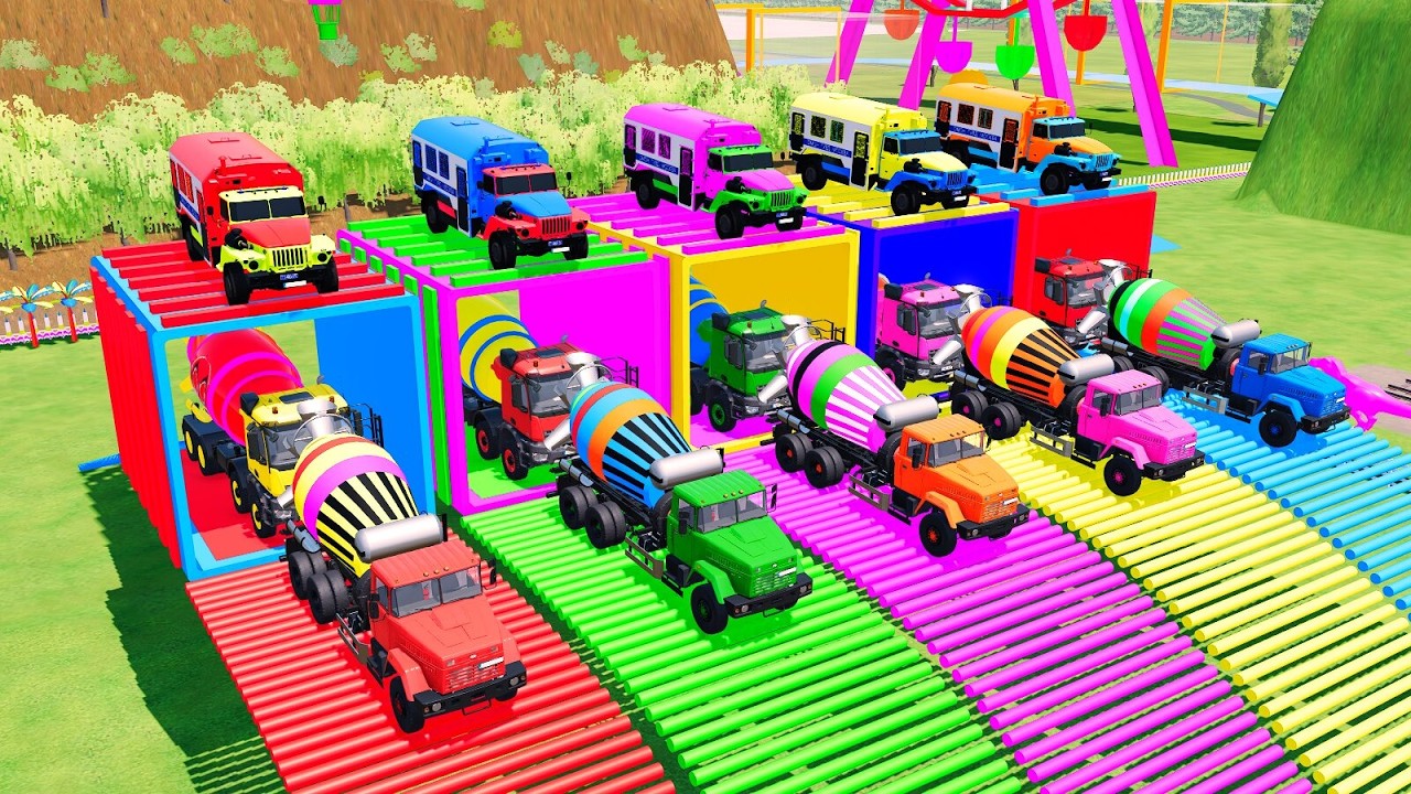 Garage with Colors - ALL MIXER TRUCK WITH DOUBLE FLATBED TRAILER TRUCK, PETERBILT, VOLVO, MACK