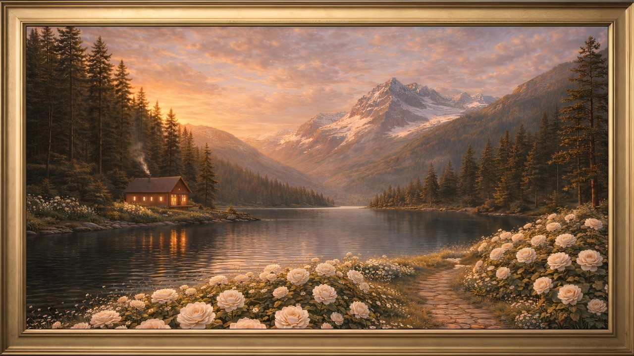 4K Classical Mountain Lake & White Peonies | 3 Hours Ambient TV Frame Art | Samsung Frame Decor