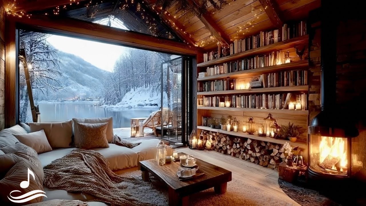 Winter Library Ambience by the Fireplace | Smooth Jazz & Cozy Porch