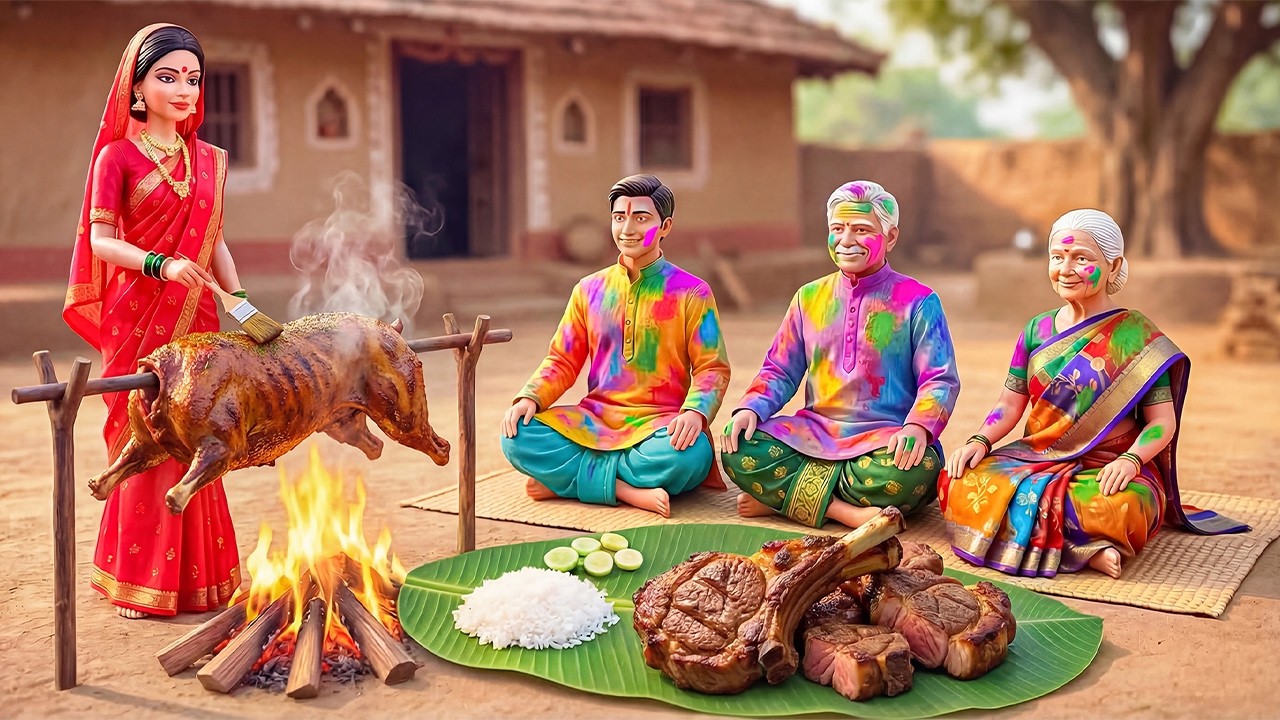 Миниатюрная кукольная семья, гигантская жареная баранина (ASMR) | Фестиваль Холи, индийская дерев...