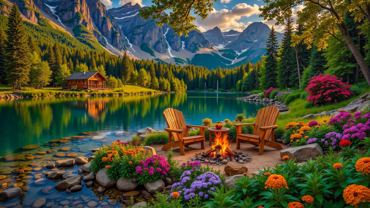 Peaceful Riverside Forest Lakeside Cabin 🌿Piano Music with Campfire Sounds for Relax