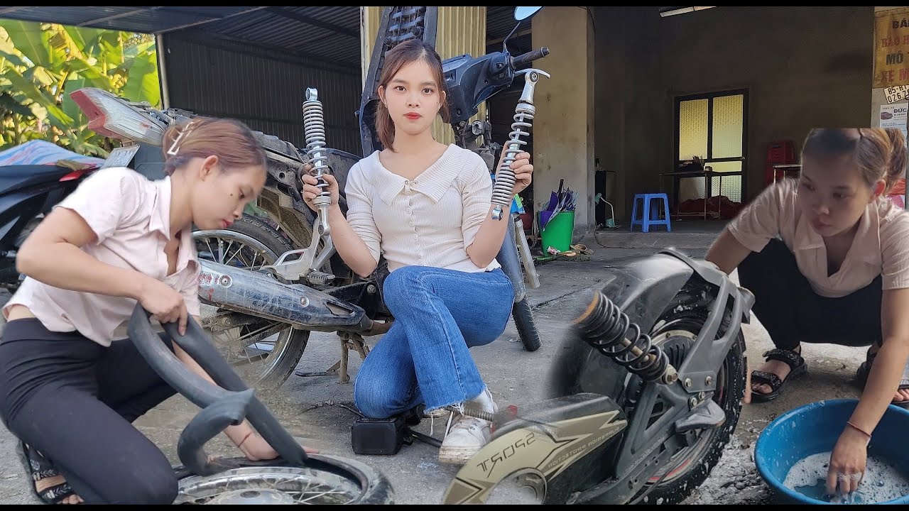Talented girl repairing motorbikes. Complete a car with no starting power and many broken parts