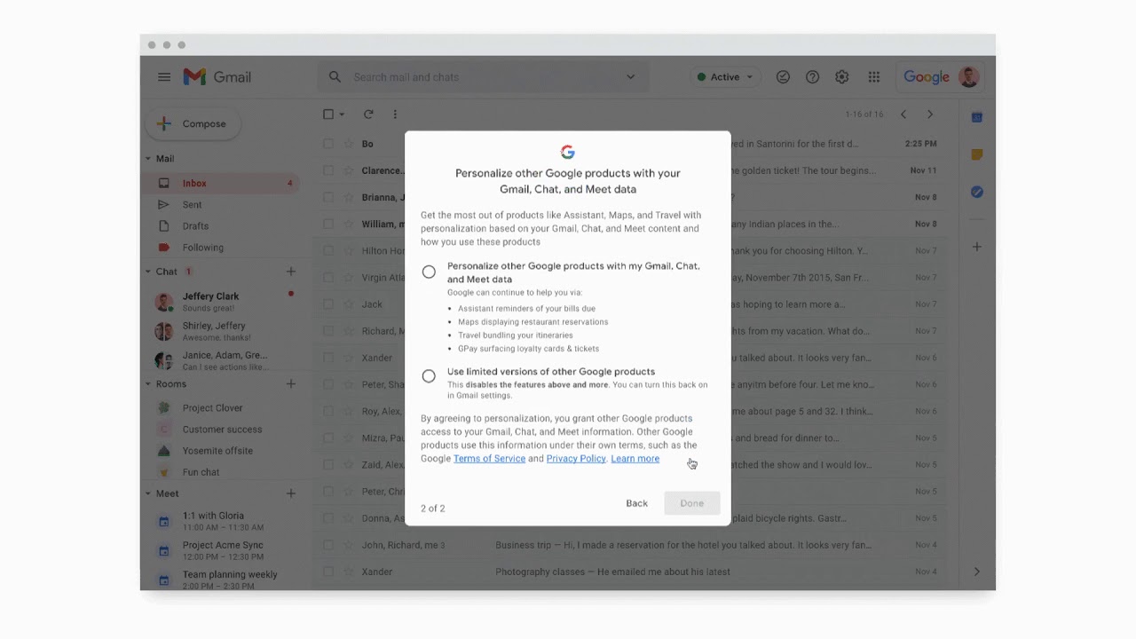 New settings for smart features and personalization in Gmail