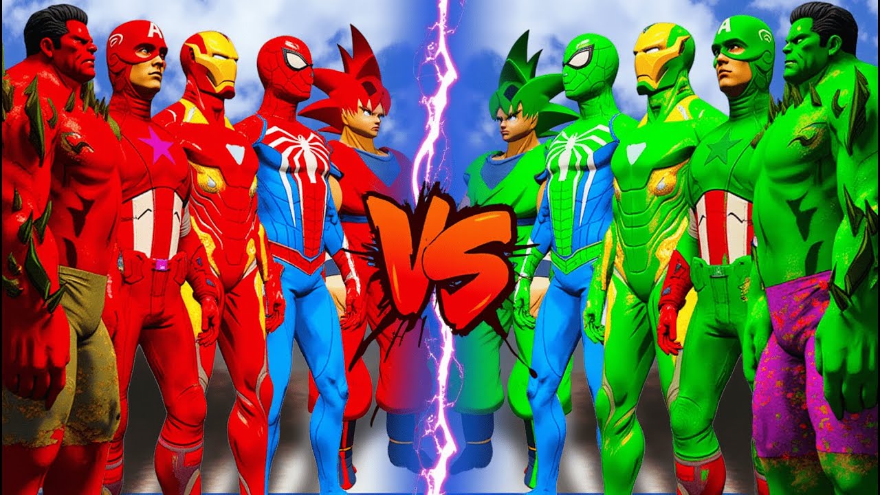 SUPERHEROES RED vs SUPERHEROES GREEN (Spiderman - Ironman - Hulk - Guku - Captain) | EPIC BATTLE