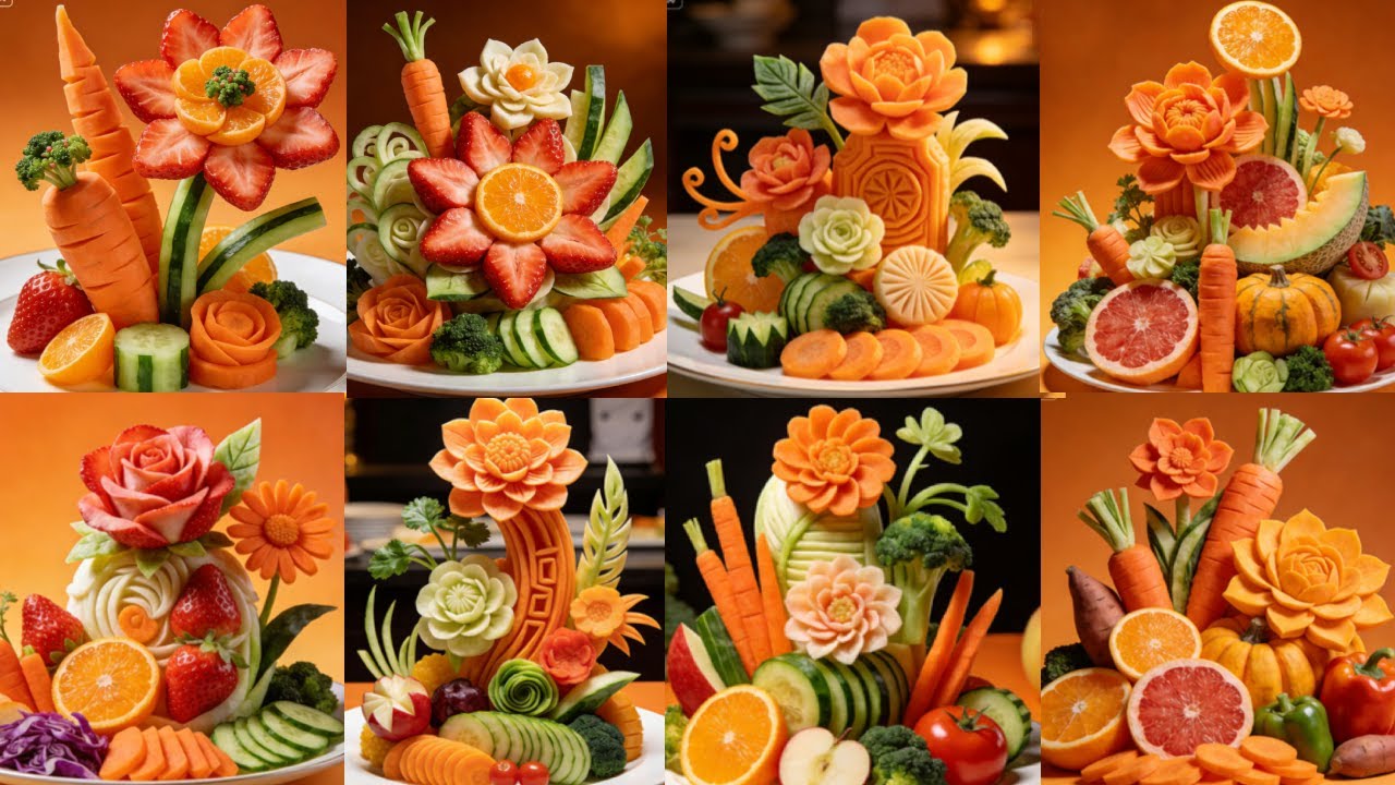 Advanced carving: Transforming vegetables into exquisite flowers to whet the appetite.