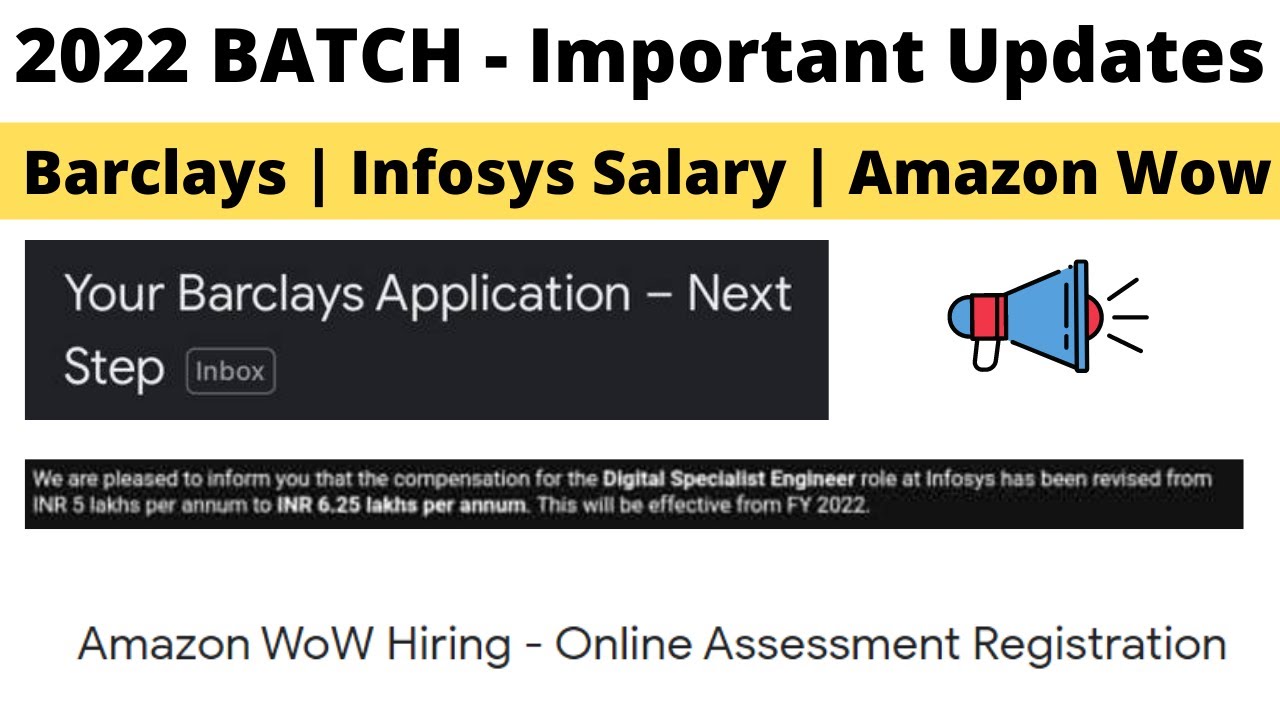 2022 BATCH Latest Update - Barclays Coding Test | INFOSYS Dse Salary | Amazon Wow New Mail