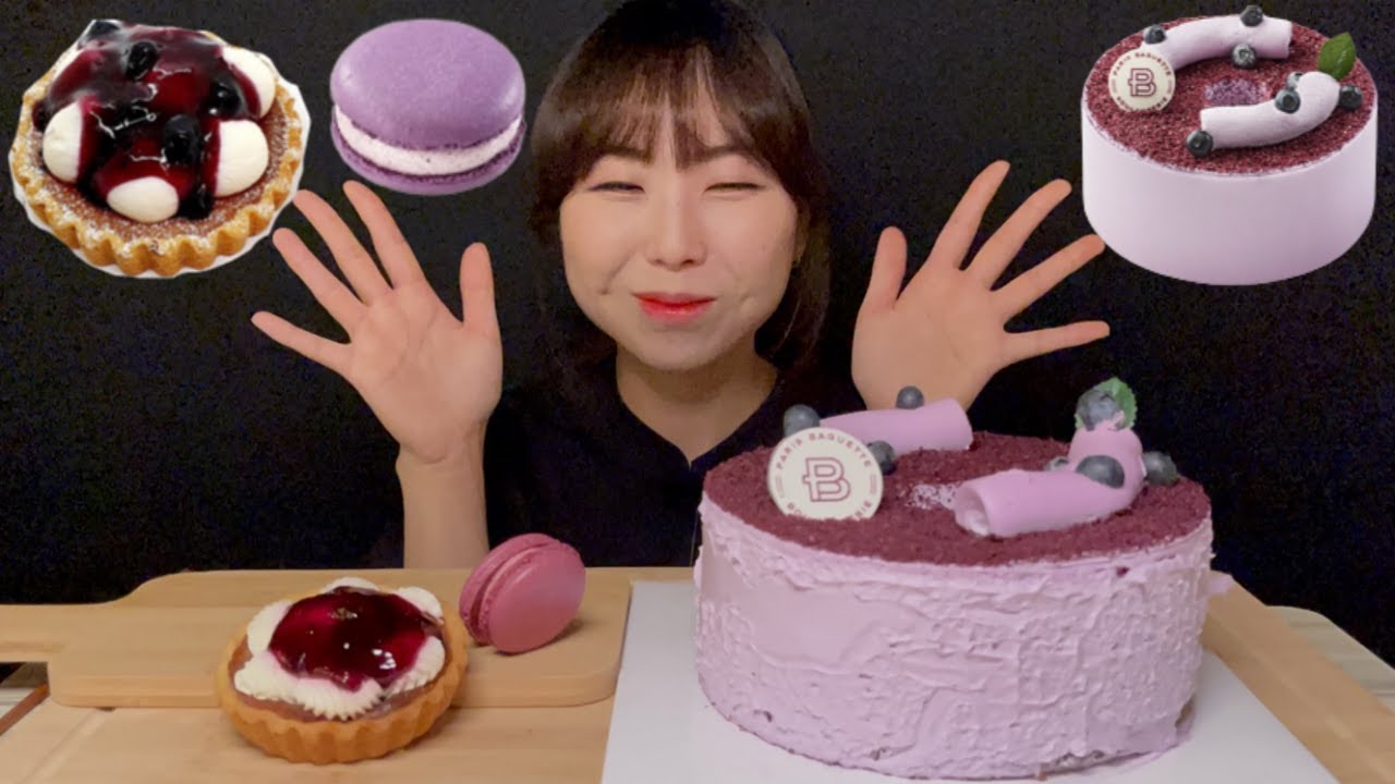 Sub) ASMR CAKE🍰  파리바게트 상큼한 블루베리 쉬폰 케이크 마카롱 타르트 디저트 먹방! BLUEBERRY DESSERT MUKBANG 파바 케이크