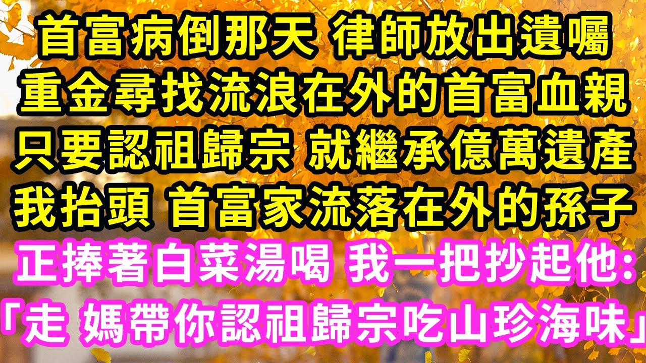 首富病倒那天 律師放出遺囑,重金尋找流浪在外的首富血親,只要認祖歸宗 就繼承億萬遺產,我抬頭 首富家流落在外的孫子,正捧著白菜湯喝 我一把抄起他:「走 媽帶你認祖歸宗吃山珍海味」#甜寵#灰姑娘