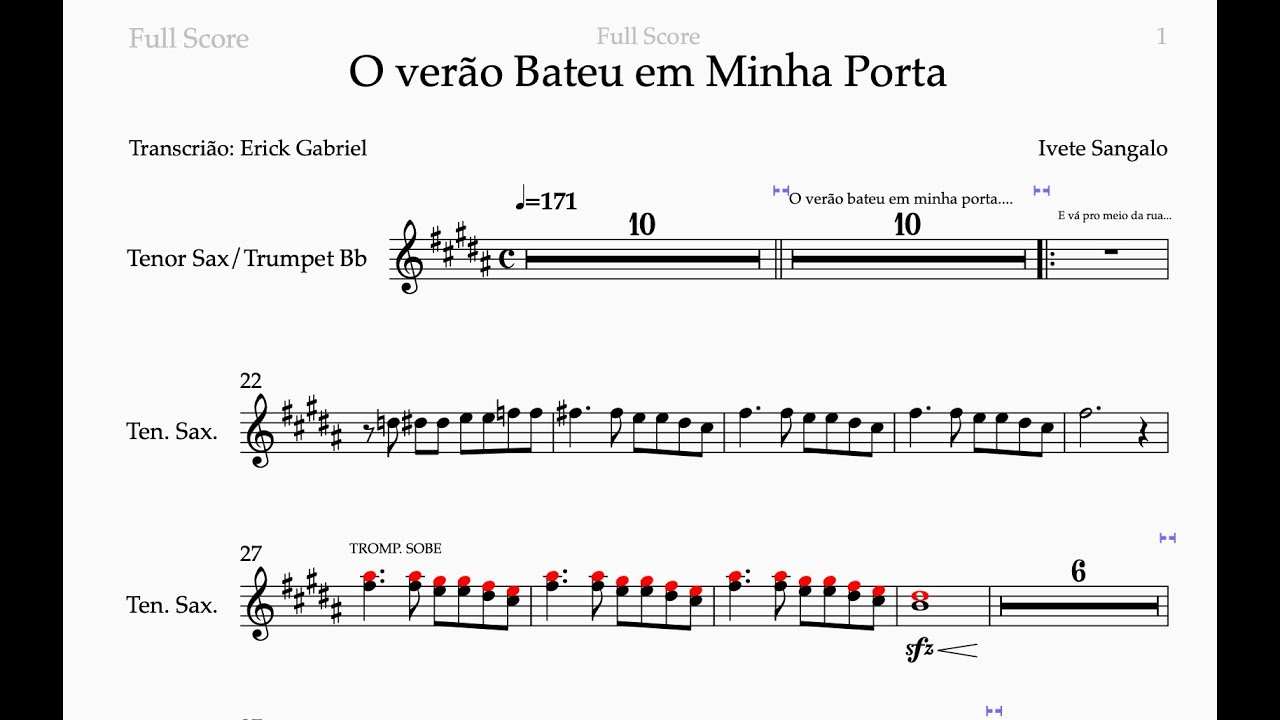 Partitura O verão bateu em minha porta (metais versão sax tenor trompete) – Baixar na descrição