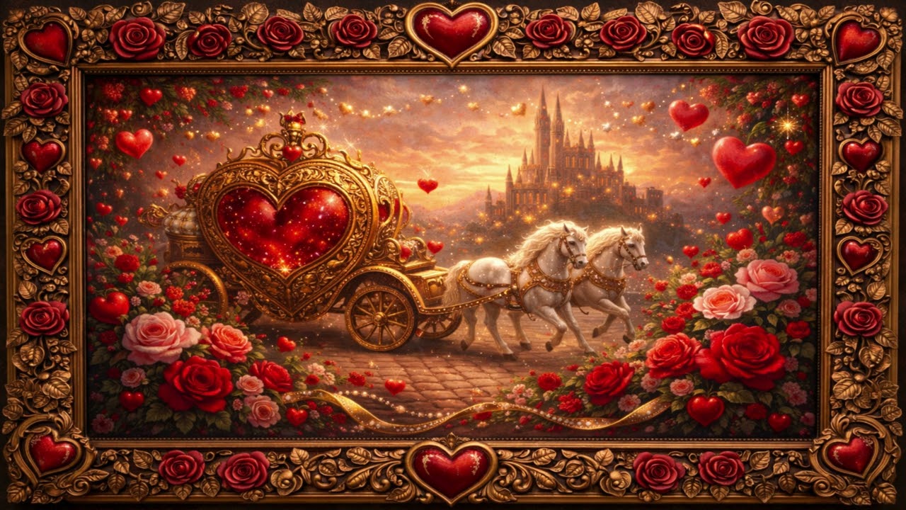 Romantic Valentine Horses with Heart Carriage and a Castle Vintage Art 4K Floral Wall Art in Gold He