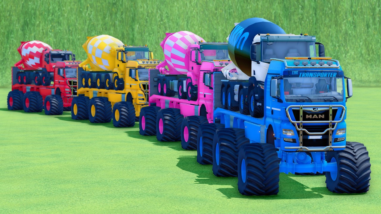 MONSTER FLATBED TRUCK LONG CONVOY TRANSPORT OF COLORS! BIG MIXER TRUCK, MAN, IVECO, RENAULT - FS25