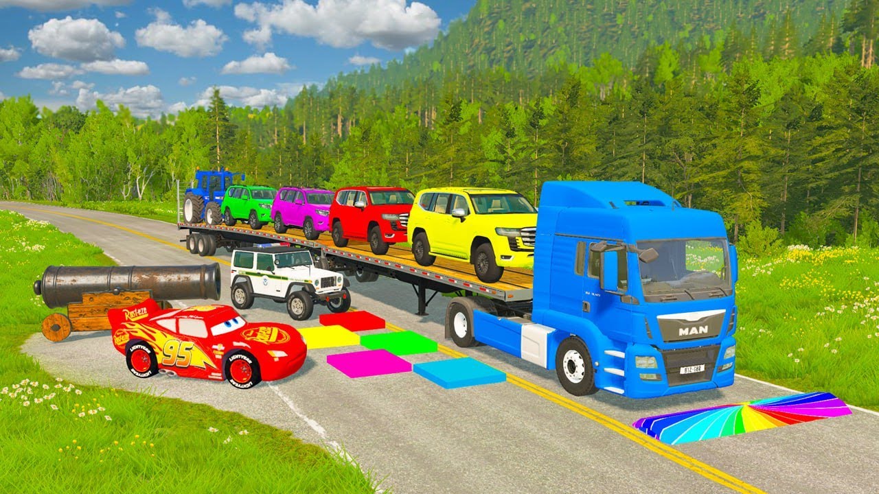 TRANSPORTING PIXAR CARS & FRUITS WITH COLORED & JOHN DEERE vs CLAAS vs TRACTORS - BeamNG.drive #983