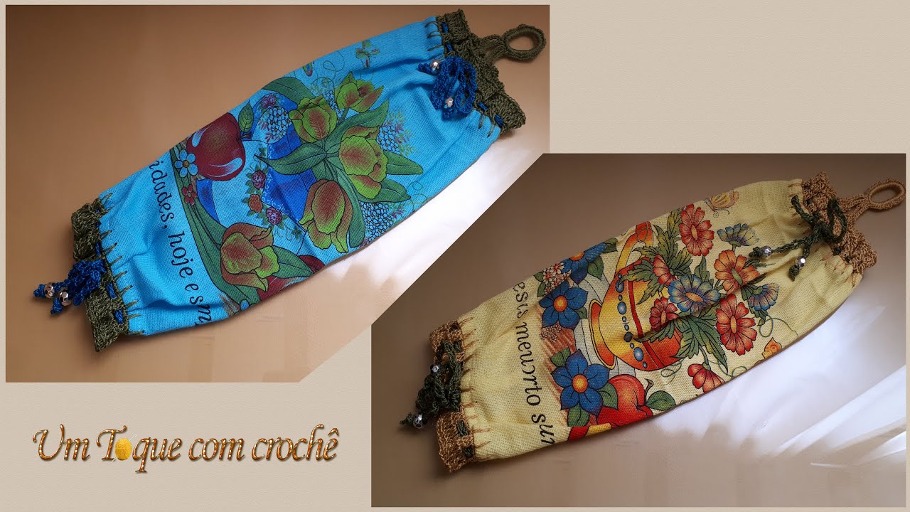 Como fazer um puxa saco com pano de prato feito com crochê.