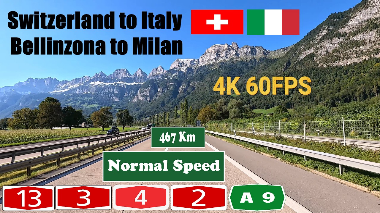 4K Switzerland to Italy. Bellinzona to Milan. A13, A3, A4, A2 & A9