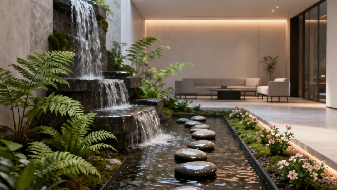 ide design air terjun dalam ruangan minimalis | minimalist indoor waterfall design ideas