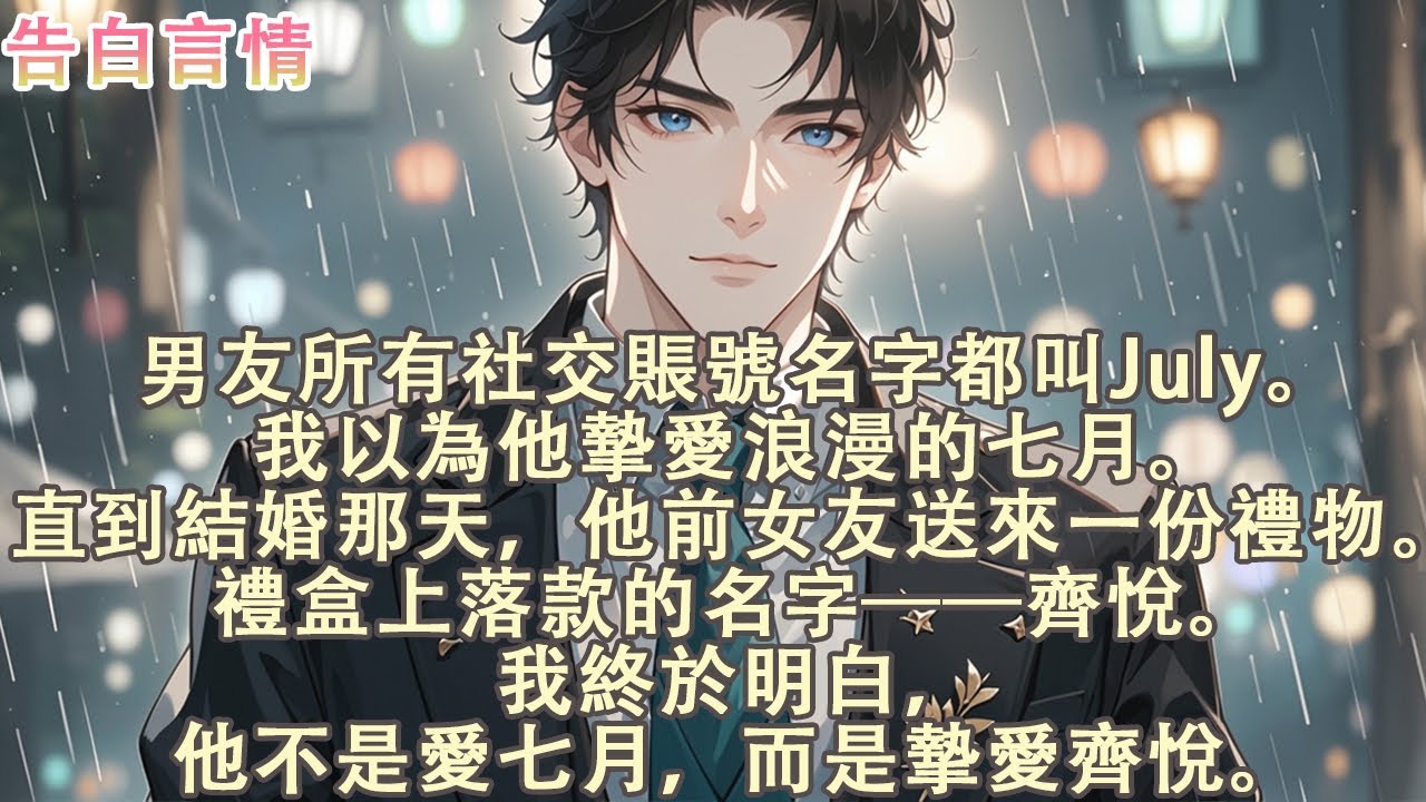 男友所有社交賬號名字都叫July。我以為他摯愛浪漫的七月。直到結婚那天，他前女友送來一份禮物。禮盒上落款的名字&mdash;&mdash;齊悅。我終於明白，他不是愛七月，而是摯愛齊悅。#小說 #愛情 #故事 #虐戀 #完結